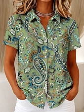 billige Kunst og Design Bluser-Dame Skjorte Knapper Trykt mønster Grafisk Paisly Årgang Stilfull Moderne Kortermet Skjortekrage Vanlige topper Avslappet Daglig Lysegrønn Lysebrun Lilla Brun Grønn Sommer Vår