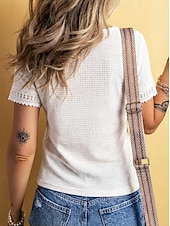cheap Plain tee-Women's Waffle T-shirt Lace Splicing Top Tee Top Elegant Stylish Short Sleeve V Neck Regular Tops Casual Going out Vacation Wear Blue Black White Green Apricot Summer Spring
