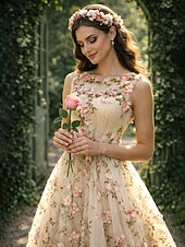 preiswerte Lange Kleider &amp; Abendkleider-A-Linie Kurz Mini Abiballkleider Party Blumen Ärmellos Juwelenhals Gartenparty Valentinstag Satin mit Applikationen