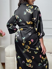 cheap Women's Robes-Women's Loungewear Robe Nightgown Fashion Casual Graphic Butterfly Satin Silky Pajamas Pyjamas Patchwork Dress Home Vacation Long Sleeve V Neck Black Summer Spring Regular Fit Loose Fit