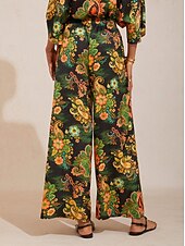 preiswerte Damenhosen-Seidensatinhose mit Paisley-Muster und weitem Bein