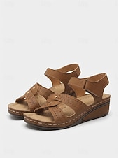 abordables Sandales Plates-Sandales compensées beiges pour femmes avec bride auto-agrippante et design découpé, chaussures à bout ouvert confortables pour la marche, les voyages d'été et les tenues décontractées au quotidien