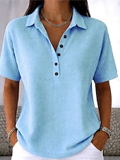  Túnica Waffle Feminina Botões Sólido Cor Simples Vintage Estilosa Clássica Manga Curta Gola Virada Tamanhos Regulares Diários Branco Rosa Azul Claro Verão Primavera
