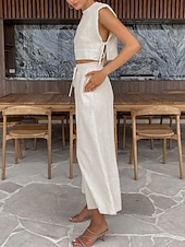 Недорогие Наборы-Women's Cotton Linen Sets Two Piece Sets Camis Sleeveless Crew Neck Plain Vacation Fashion Streetwear Casual Daily Outdoor Orange Brown Green Summer Regular Fit