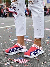 billige Damesko-USA 250-årsjubileum Kvinners Patriotiske Flag Print Strikkede Sneakers – Slip-On Uformelle Gå Sko Uavhengighetsdag Festivaler  Hverdagsantrekk