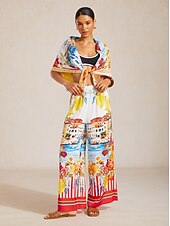 Χαμηλού Κόστους Λουλουδάτο μαγιό-Καλοκαιρινό, αέρινο τετράγωνο φουλάρι από σιφόν της Σαντορίνης