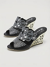 abordables Sandalias de cuña-Sandalias de cuña azules adornadas para mujer, zapatos elegantes sin cordones con punta abierta para la madre de la novia, boda en el jardín &amp;eventos formales