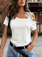 abordables Camiseta lisa-Mujer Camiseta Camiseta superior Encaje Retazos Plano Moda Elegante Clásico Manga Corta Asimétrico Tops regulares Casual Diario Noche Negro Blanco Verde Trébol Verano Primavera