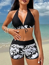 cheap Bikini Sets-Women's Swimwear Bikini 2 Piece Shorts Swimsuit Slim Backless Vacation Beach Wear Floral Halter Neck Sleeveless Bathing Suits