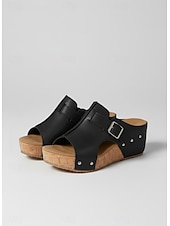 baratos Sandálias plataforma anabela-Sandálias femininas pretas de plataforma com tachas - modelo casual com fivela e sola de cortiça, ideais para passeios no parque, brunch, compras e encontros em terraços.