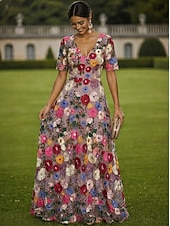  A-lijn Jurken Tot de grond Maxi-jurk Feestjurk Cocktail jurk Moeder van de bruid jurk Korte mouw V-hals Elegant Vintage Luxueus Formeel Bruiloft gast Kentucky Derby Chiffon Tule met 3D-bloemen