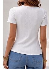baratos Camiseta lisa-Mulheres Camiseta Textura T-shirt Jacquard Frufru Côr Sólida Elegante Moda à moda Manga Curta Gola Redonda Tops regulares Diário Para Noite Final de semana Preto Branco Vinho Verde Verão Primavera