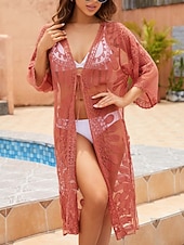 baratos Kaftans-Mulheres Roupa de Banho Cobertura roupa de banho Renda Férias Roupa de Praia Floral Manga Longa Fatos de banho