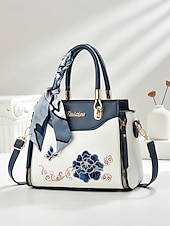 Χαμηλού Κόστους Τσάντακι &amp; Totes-Γυναικεία τσάντα χειρός με κέντημα και λουλούδι, με διακοσμητικό κασκόλ, από συνθετικό δέρμα, σε πολλά χρώματα, κομψό, casual στυλ, ιδανική για καθημερινή χρήση, γραφείο και κοινωνικές συγκεντρώσεις.