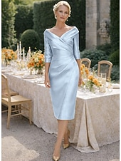 رخيصةأون طول الشاي-عامودي طول الساق فستان الحفلة فستان كوكتيل فستان زفاف ضيف فستان أم العروس نصف كم V رقبة أنيق عتيق فاخر رسمي ضيف حفل زفاف ساتان فساتين الجاكيتات مع طيات