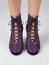 economico Stivali da ballo-Stivali da ballo latino da donna con strass, scarpe da ballo performanti con tacco alto in rete e lacci per salsa, tango e balli da sala &amp; palcoscenico