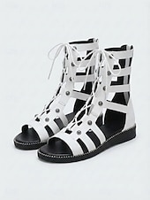 ieftine Sandale gladiator-Sandale gladiator cu cuie pentru femei – pantofi romani plați, cu șireturi și barete, pentru vacanțe în croazieră, călătorii la plajă și ținute de vară