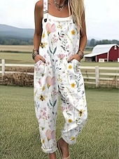 cheap Casual Jumpsuits-Women's Overall Active Floral Sleeveless Sleeveless Square Neck Pocket Print Daily Beach Loose Fit White Pink Beige Summer