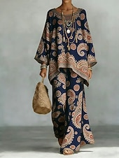 cheap Women's Blouse Suits-Women's Shirt Cotton Linen Sets Pants Sets Long Sleeve Bell Sleeve Round Neck Floral Graphic Paisley Print Vacation Fashion Streetwear Casual Daily Outdoor Navy Blue Beige Summer Loose Fit