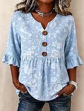  Mujer Blusa Botones Estampado Floral Graphic Vintage Elegante Moderno Media Manga Escote en Pico Tops regulares Casual Diario Azul Piscina Verde salvia Morado Caqui Verano Primavera