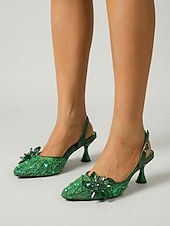 tanie Kobiety-Damskie zielone, zdobione czółenka na obcasie typu slingback - spiczaste noski z kryształkami i kwiatowym wzorem na koktajlowe przyjęcia i wieczorne imprezy &amp;wieczór oświadczeń