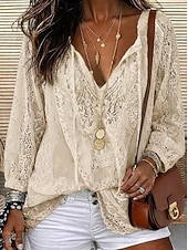 olcso Csipkés felsők-Női Ing Boho ing Blúz Csipke felsők Csipke Tömör szín Virágos Alap Alkalmi Hosszú ujj V-alakú Normál felsők Hétköznapi Napi Fehér Arcpír rózsaszín Khakizöld Nyár Tavasz