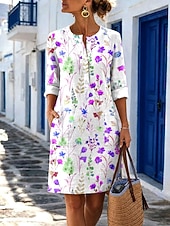  Dames Knielengte jurk Casual jurk Vakantie Vintage Casual Feestdagen Normale pasvorm Bloemig Grafisch Lange mouw V-hals blauw Paars Oranje Groen Zomer Lente