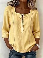 preiswerte Einfache Blusen-Damen Hemd Bluse Einfach Gestreift Stilvoll Klassisch Modern Dreiviertelarm Quadrathals Lange Oberteile Lässig Täglich Strand Weiß Gelb Marineblau Himmelblau Aprikose Sommer Frühling