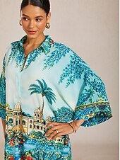 billiga Casual blommiga klänningar-Balearerna blå chiffong kaftan med fladdermusärm