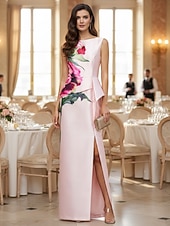 billige A-Line Evening Dresses-A-Line Sheath Column Floor Length Evening Gown Ball Gown Elegant Vintage Floral Sleeveless Boat Neck Garden Party Wedding Satin Cowl Back with Floral Print Slit