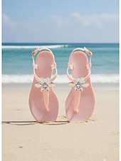 baratos Mulheres-Women's Elegant White Jelly Sandals - Waterproof T-Strap Flip Flops with 3D Flower &amp; Sparkling Rhinestone Decor for Beach Vacations, Summer Weddings &amp; Resort Wear