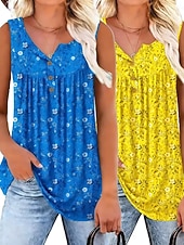 cheap Plain Tank-Multi Packs 2pcs Women's V Neck Sleeveless Yellow+Blue Tank Sleeveless Shirt Tee Top Floral Casual Daily Polyester Summer