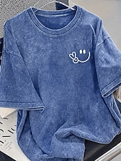 ieftine tricouri-Pentru femei 100% Βαμβάκι Tricou Cămașă din bumbac Topuri cu spălare vintage Simplu Epocă Modă Stilat Manșon scurt Stil Nautic Rotund Topuri obișnuite Casual Zilnic Ieșire Albastru piscină Gri și Alb