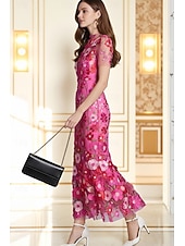 levne Koktejlové šaty-Mořská panna party šaty vintage šaty svatba svatební host Ankle délky krátký rukáv s kulatým výstřihem tyl s výšivkami šaty