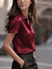 preiswerte Einfache Blusen-Damen Hemd Bluse Knöpfe Einfach Stilvoll Klassisch Modern Kurzarm Hemdkragen Normale Oberteile Täglich Ferien Ausgehen Schwarz Weiß Rote Sommer Frühling
