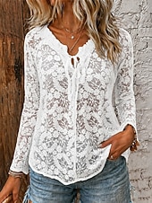 preiswerte Spitzenoberteile-Damen Hemd Boho-Hemd Bluse Spitze Patchwork Einfarbig Basic Lässig Langarm V Ausschnitt Normale Oberteile Lässig Täglich Schwarz Weiß Rosa Khaki Sommer Frühling Herbst Winter