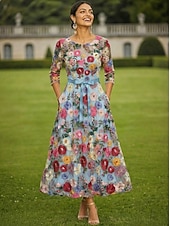 voordelige Enkel Lengte-A-lijn Jurken Tot de enkel Feestjurk Cocktail jurk Moeder van de bruid jurk 3/4 mouw Strakke ronde hals Elegant Vintage Formeel Bruiloft gast Feestdagen Chiffon Tule met Borduurwerk Appliqués Bloem