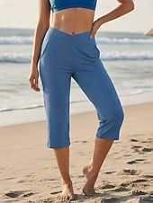 cheap Plain Leggings-Women's Capri Pants Leggings Vacation Streetwear Basic Capris Medium Waist Plain Pocket Elastic Waistband Comfy Comfort Stretchy Daily Outdoor Yoga Light Gray Black Blue Khaki Summer Spring Regular
