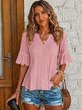 economico Bluse Semplici-Per donna Blusa Traforato Tinta unica Elegante Essenziale Casual Manica 3/4 Scollo a V Top lunghi Casuale Quotidiano Blu Bianco Rosa Rosa polverosa Viola Estate Primavera Autunno