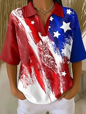  Amerikansk uavhengighetsdag Dame Vaffel T-skjorte Strukkede strikkede topper Grafisk Amerikansk flagg Elegant Årgang Stilfull Halvlange ermer Polokrage Vanlige topper Avslappet Daglig Blå Rød Sommer