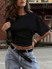 economico T-shirt semplice-Per donna Maglietta Arricciato Tinta unica Semplice Moda Elegante Classico Manica Corta Girocollo Top corti Quotidiano Uscire Weekend Marrone Scuro Nero Bianco Rosa Vino Estate Primavera