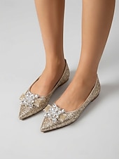 economico Ballerine da donna-Ballerine da sposa da donna con glitter dorati, scarpe da sposa a punta con dettaglio floreale in cristallo per cerimonia e ricevimento &amp;comfort nuziale