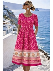 cheap Boho Dress-Women's Midi Dress Shift Dress Vacation Vintage Casual Regular Fit Floral Graphic Bohemian Short Sleeve Crew Neck Blue Yellow Pink Summer Spring