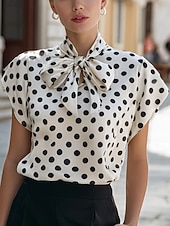 voordelige Strepen- en Geometrische Blouses-Dames Overhemd Blouse Top met stippen Strik Geometrisch Stijlvol Basic Klassiek Korte mouw Stropdas nek Normale tops Dagelijks Kantoor Feestdagen Zwart Wit Rood Zomer Lente