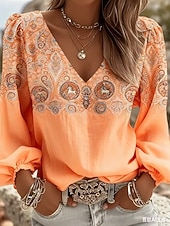 billige Kunst og Design Bluser-Dame Skjorte Boho skjorte Trykt mønster Blomstret Grafisk Paisly Elegant Bohem Ferie Langermet V-hals Lange topper Avslappet Daglig Ferie Lysegrønn Lys Lilla Oransje Sommer Vår