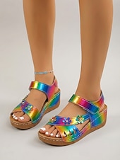 economico Sandali con zeppa-Sandali con zeppa casual colorati da donna – scarpe estive decorate con fiori, sandali aperti con velcro regolabili per feste in giardino e viaggi &amp;abbigliamento quotidiano