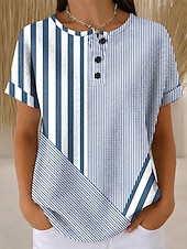 voordelige Stripe &amp; Geometrische t-shirt-Dames Wafel T Shirt Print Graphic Gestreept Vintage Stijlvol Klassiek Korte Mouw Crew Hals Reguliere Tops Dagelijks Blauw Paars Groen Khaki Zomer Lente