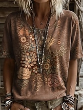 preiswerte Boho-T-Shirt-Damen T Shirt Druck Blumen Grafik Geometrisch Vintage Stilvoll Lässig Kurzarm Rundhalsausschnitt Normale Oberteile Lässig Täglich Wochenende Schwarz Rosa Staubiges Blau Braun Sommer Frühling
