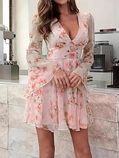 cheap Chiffon Dresses-Women's Mini Dress Chiffon Dress Casual Dress Print Dress Elegant Fashion Modern Outdoor Vacation Going out Regular Fit Floral Long Sleeve V Neck Pink Summer Spring
