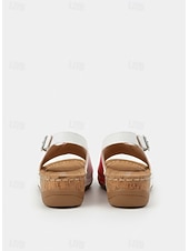 voordelige Platte Sandalen-Rode tweekleurige wedge sandalen voor dames | comfortabele schoenen met voetboogondersteuning voor casual wandelingen, dagelijks gebruik en zomervakanties